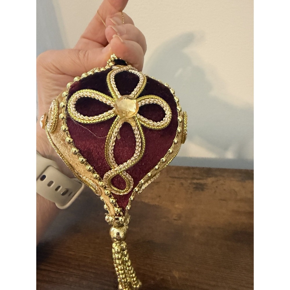 Vintage Velvet Christmas Ornament Red Gold Beaded Tassel Handmade Holiday